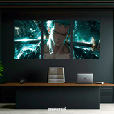 Roronoa Zoro 3-panel wall art by Dripster featuring intense anime character with sword in rain